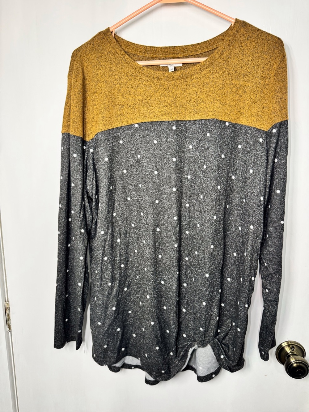 Maurices Two-Tone Scoop Neck Sweater in Mustard and Charcoal Polka